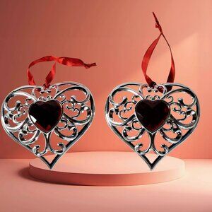 TWO LENOX RED BEJEWELED HEART SHAPED SILVER PLATE 4” ORNAMENT